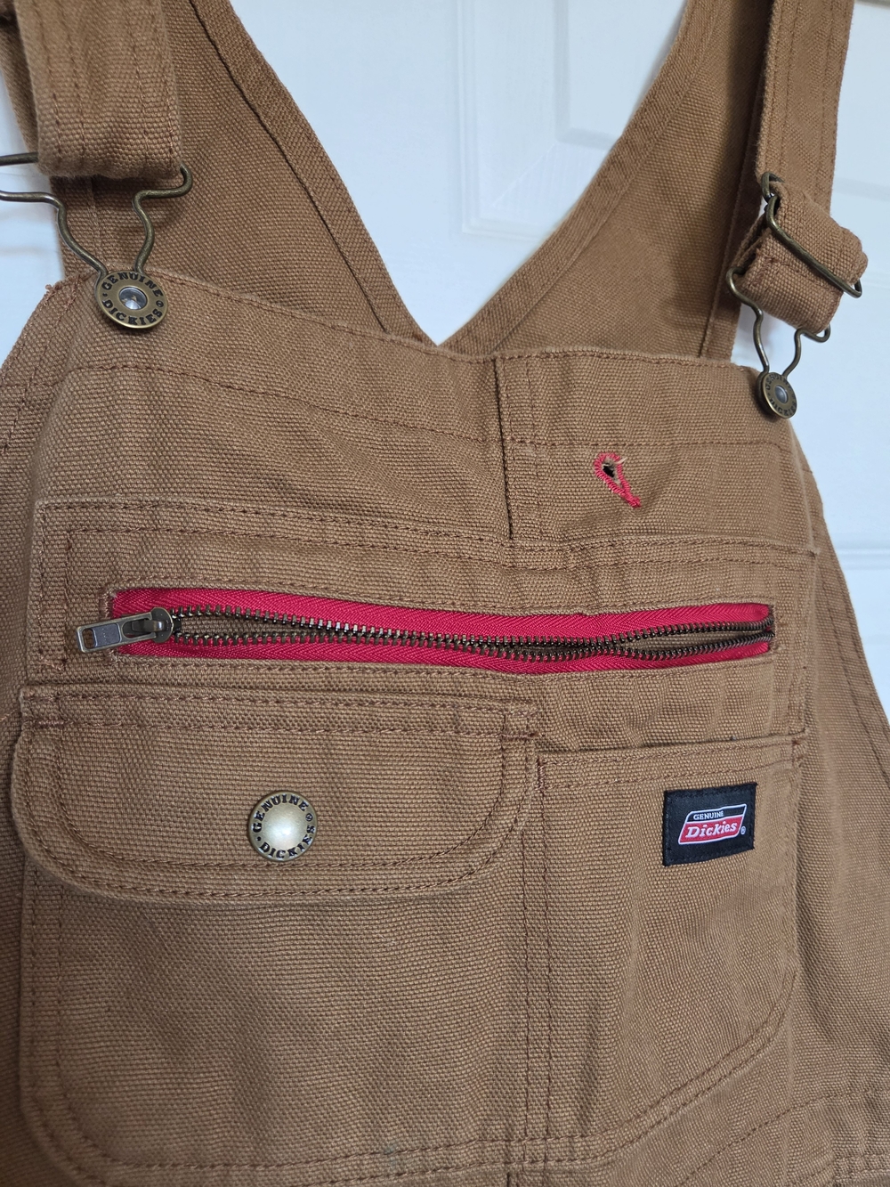 Dickies Brown Carpenter Overalls with Red Zip Accent